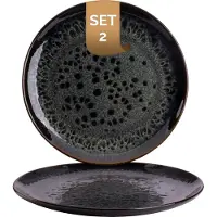 Palmer Eccentric flache Teller groß - 2er-Set, Steinzeug, Ø 28 cm, dunkelblau glänzend mit braunem Rand, organische Form, für Pizza, Menü