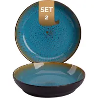 Palmer Lotus große tiefe Teller - 2er-Set, Steinzeug, Ø 21 cm, türkis blau, außen dunkelbraun, für Pasta, Suppe oder als Servierteller