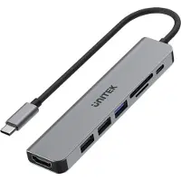 UNITEK uHUB S7+, Kabelgebunden, USB 3.2 Gen 1 (3.1 Gen 1) Type-C, 100 W, Grau, Space Gray, MicroSD (TransFlash), SD