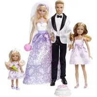 Mattel Traumhochzeit Geschenkset mit 4 Puppen und 5 Zubehörteilen, Hochzeitsparty mit Sträußen und Torte, Modepuppe, Männer & Frauen (Set), 3 Jahr(e), Junge/Mädchen, 323,9 mm, 1,17 kg