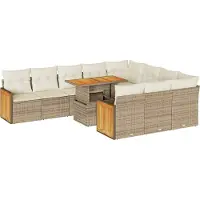 vidaXL 11-tlg. Garten-Sofagarnitur mit Kissen Beige Poly Rattan Akazie