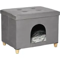 PawHut 2-IN-1 Katzenhöhle Fußhocker mit Kissen Holzbeine Katzenhaus Grau