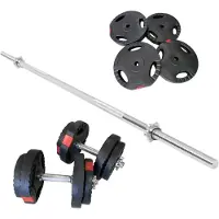 Gorilla Sports Hantelset - 60kg, Langhantelstange 170cm, 2 Kurzhanteln, 30mm, 12 Hantelscheiben aus Kunststoff, mit Sternverschlüssen - Langhantel