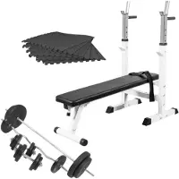 Gorilla Sports Hantelbank - mit 100kg Hantelset, inkl. 6 Schutzmatten, Ablage und Dip-Station, Klappbar, Verstellbar, Weiß - Flachbank, Drückerbank, Multifunktion, Trainingsbank mit Gewichten