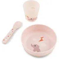 Done by Deer - Foodie First Meal Geschirr-Set - Playground Rosa - Schüssel: 12,5 x H 4,5 cm, Becher: 6,5 x H 7 cm, Löffel: 14 cm