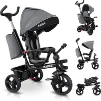 Kidiz Dreirad 5in1 Kinderdreirad mit Schubstange Lenksystem Stange ab 1 Jahr vorwärts und Rückwärtsfahrt Jogger , Korb Tasche Getränkehalter Sonnendach Gummiräder, Buggy Fahrrad Baby Klappbar