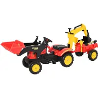 HOMCOM Trettraktor mit Anhänger Tretbagger Traktor mit Frontlader ab 3 Jahre Rot
