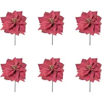 Creativ Green Winterliche Kunstpflanze "Weihnachtsdeko rot" mit goldfarbenfarbenem Blütenkelch, 6er-Set