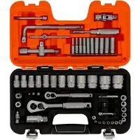 Bahco 1/4 und 1/2 Steckschlüssel-Satz, metrisch, Zwölfkant, Vierkantantrieb, Umschaltknarre mit Metallgriff - 56-tlg.