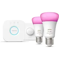 Philips Hue White and Color ambiance Starter-Set: E27 - Lampe A60 Doppelpack + Smart Button, Set für intelligente Beleuchtung, Bluetooth/Zigbee, Weiß, LED, E27, A60