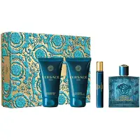 Versace Edp Spray 100ml/ After Shave Balm 75ml/Bad & Duschgel 75ml/Travel Spray 10ml Eros Pour Homme Geschenkset
