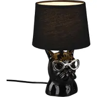 TRIO Coole Tischleuchte DOSY Keramik Hund mit Stoffschirm Ø18cm in Schwarz, Höhe 29cm