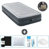 Intex Luftbett - 1 Person - 99 x 191 x 33 cm - Grau - Mit eingebauter Pumpe + Spannbettlaken Schwarz + Kopfkissen + Molton 2 in 1 Kissenbezüge + Reperaturset