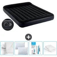 Intex Luftbett - 2 Personen - 152 x 203 x 25 cm - Schwarz - Mit eingebauter Pumpe + Spannbettlaken Weiß + Kopfkissen + Molton 2 in 1 Kissenbezüge + Reperaturset