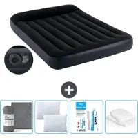 Intex Luftbett - 2 Personen - 137 x 191 x 25 cm - Schwarz - Mit eingebauter Pumpe + Spannbettlaken Anthrazit + Kopfkissen + Molton 2 in 1 Kissenbezüge + Reperaturset