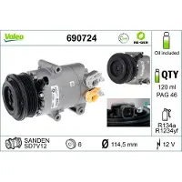 Valeo 690724 SD7V12 Klimaanlage Klimakompressor PAG 46 R1234yf R134a für FORD FOCUS III Turnier FOCUS III C-Max II (DXA/CB7, DXA/CEU) Grand C-Max