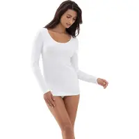 Mey Langarmshirt "COTTON PURE", Damen, Gr. 36, weiß, Single Jersey, Obermaterial: 94% Baumwolle, 6% Elasthan, bequem Po-bedeckend, tiefer Rundhals, Shirts Langarmshirt, Tiefer Rundhalsausschnitt