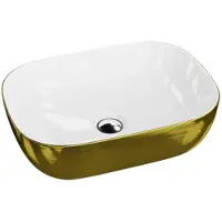 Domino LAVITA Aufsatzwaschtisch Costa Brushed Gold| Aufsatzwaschbecken Rechteckig | Waschbecken ohne Überlauf und Hahnloch | Aus hochwertigem Porzellan | Waschtisch | 46x32,5x13,5 cm | Weiß/Gold