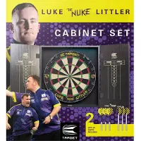 Target darts Luke Littler Dartboard Kabinett Set mit Sisal Dartscheibe, 6 Steeldarts 17g Messing, Wandmontage, Wurflinie