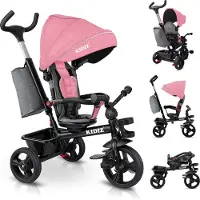 Kidiz Dreirad 5in1 Kinderdreirad mit Schubstange Lenksystem Stange ab 1 Jahr vorwärts und Rückwärtsfahrt Jogger , Korb Tasche Getränkehalter Sonnendach Gummiräder, Buggy Fahrrad Baby Klappbar