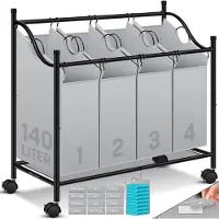 Kesser Wäschekorb Wäschesammler Wäschesortierer mit abnehmbaren Stofftaschen Wäschebox mit 12 Waschhinweisen 360° Rollen mit Bremse Wäsche-Sortiersystem Wäschewagen