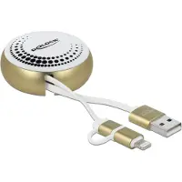 DeLOCK USB 2.0 2 in 1 Aufrollkabel Typ-A zu Micro-B und Lightning 8 Pin weiß / gold, 0,92 m, USB A, Micro-USB B/Lightning, USB 2.0, Gold, Weiß
