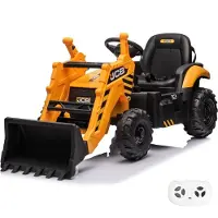 Vrooomy JCB Kipper Kinder Elektroauto 12V (2–6 Jahre) – Offiziell lizenziert, mit Fernbedienung, Kippbarer Ladefläche & 2 Motoren – Kinder Elektrofahrzeug – Gelb