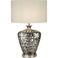 Licht-Erlebnisse Tischlampe Keramik Stoff Ø 36 cm 57 cm hoch Chrom Weiß E27 rund Modern Keramikleuchte
