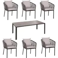 Mendler Gartengarnitur MCW-N41, Tisch+6xStuhl, wetterfest Alu 180x80cm, Seilgeflecht Rope anthrazit Kissen grau