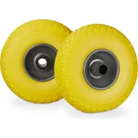 Relaxdays Sackkarrenrad Set, pannensicher, 3.00-4 Vollgummireifen, Stahlfelge, 25mm Achse, 100 kg, 260x85mm, gelb-grau