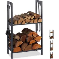 Relaxdays Kaminholzregal mit 2 Ablagen, aus Stahl, 4 Haken für Kaminbesteck, Brennholzregal HBT 100x60x30 cm, anthrazit
