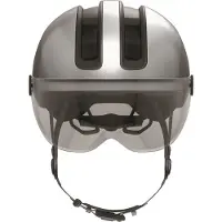 ABUS Stadthelm HUD-Y ACE - stylischer Fahrradhelm mit Visier und magnetischem, aufladbarem LED-Rücklicht - für Damen und Herren - Silber, Größe M (54-58 cm)