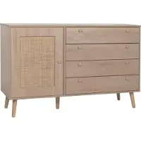 MCW Sideboard MCW-M43, Schrank Kommode Highboard, Schubladen Staufach, Kubu Rattan Holz Melamin, Eiche-Optik