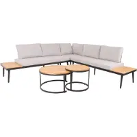 Mendler Garten-Garnitur MCW-H54c, Lounge-Set, Beistelltisch Spun Poly Akazie Holz Stahl hellbraun, Kissen hellgrau
