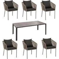 Mendler Gartengarnitur MCW-N41, Tisch+6xStuhl, wetterfest Alu 180x80cm, Seilgeflecht Rope grau, Kissen dunkelgrau