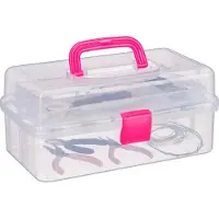 Relaxdays Aufbewahrungsbox 9 Fächer, Sortierbox Bastelmaterial, Künstlerbedarf, HBT 14 x 33 x 19,5 cm, transparent-pink