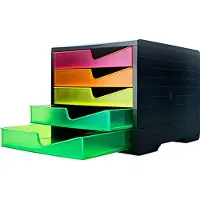 Styro Schubladenbox styroswing NEONline, 5 Schübe, Auszugsperre & Griffmulde, stapelbar, B 270 x T 340 x H 255 mm, Polystyrol, schwarz-multicolor