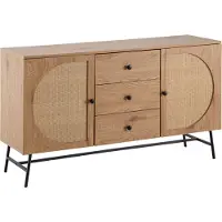 FineBuy Sideboard in Eiche Nachbildung 140 cm Kommode mit 2 Türen & 3 Schubladen aus Wiener Rattan Geflecht Design