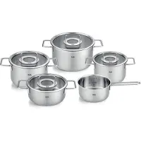 Fissler Topf-Set "Pure Collection" Set, Kochtopf 16/20/24 + Bratentopf 20cm + Stielkasserolle 16cm oD, 5 Stk. tlg. Edelstahl 18/10