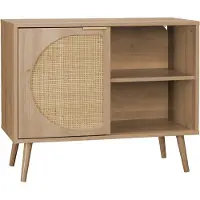 Sweeek - Skandinavisches Sideboard mit Holzdekor und abgerundetem Rattan-Geflecht 1 Tür 80 cm - Natur