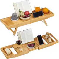 Merkloos 2-in-1 Badewannenablage & Tablett mit Buchstütze, Weinglashalter und ausziehbarer Badewannenablage - 745-114 cm natur