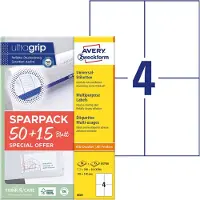 Avery Etiketten 6601, universal, ultragrip, geeignet für Inkjet- & Laserdrucker, 105 x 148 mm, 260 Stück/65 A4-Bogen, FSC-Papier, weiß