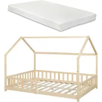En.casa Hausbett ‘Hesel’ für Kinder mit Matratze Rausfallschutz Lattenrost 120 x 200 cm Holzoptik