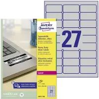 Avery-Zweckform Typenschildetiketten L6011-100, extrem robust, geeignet für SW-Laserdrucker, 63,5 x 29,6 mm, 2700 Stück/100 A4-Bogen, Polyesterfolie, silber