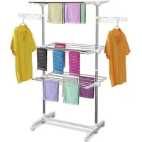EStore Mobiler Wäscheständer Wäschetrockner Kleiderständer 3 Ebenen klappbar Rolle 80-142 x 55 x 152 cm