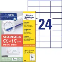 Avery Etiketten 6602, universal, ultragrip, geeignet für Inkjet- & Laserdrucker, 70 x 36 mm, 1560 Stück/65 A4-Bogen, FSC-Papier, weiß