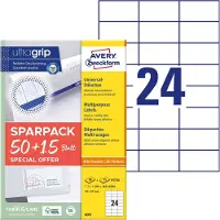 Avery Etiketten 6605, universal, ultragrip, geeignet für Inkjet- & Laserdrucker, 70 x 37 mm, 1560 Stück/65 A4-Bogen, FSC-Papier, weiß