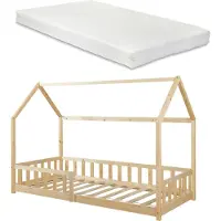 En.casa Hausbett ‘Hesel’ für Kinder mit Matratze Rausfallschutz Lattenrost 90 x 200 cm Holzoptik