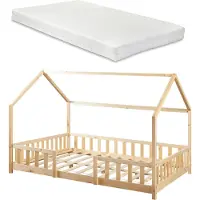 En.casa Kinderbett ’Sisimiut’ in Haus-Optik mit Matratze und Rausfallschutz Kiefernholz 120 x 200 cm Holzfarben