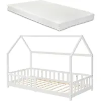En.casa Hausbett ‘Hesel’ für Kinder mit Matratze Rausfallschutz Lattenrost 90 x 200 cm Weiß